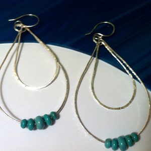 Tiered Teardrop Silver Earrings with Blue Gem Turquoise Stones, Chandelier Hoop Earrings, 3 1/4 Inch Length image 4