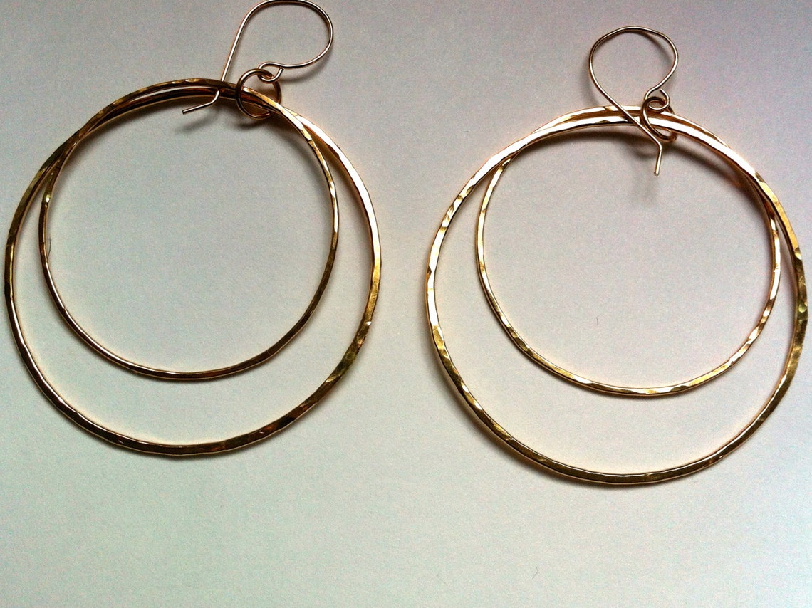 Gold Hoop Earrings Graduated Double Hoops in 14 KT Gold Filled Hand