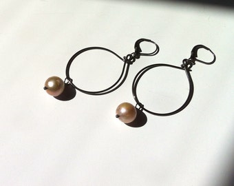 Pearl Hoop Earrings Natural Golden Cream Pearls Gunmetal Wire Hoops