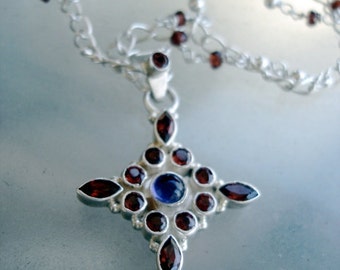 Gemstone Garnet Chain Necklace Silver Cross Wirewrapped Garnet Necklace in Sterling Silver Triple Strand Asymmetrical Chain Drop Necklace