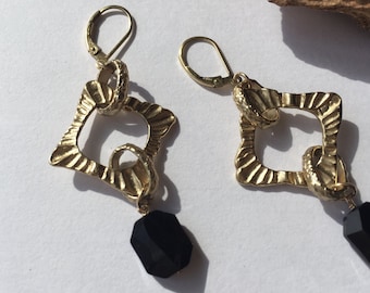 Gold Drop Earrings with Black Crystals Black and Gold Baroque Dangle Earrings 24 KT Gold Overlay Old World Vibe Jewelry Textured Geometric