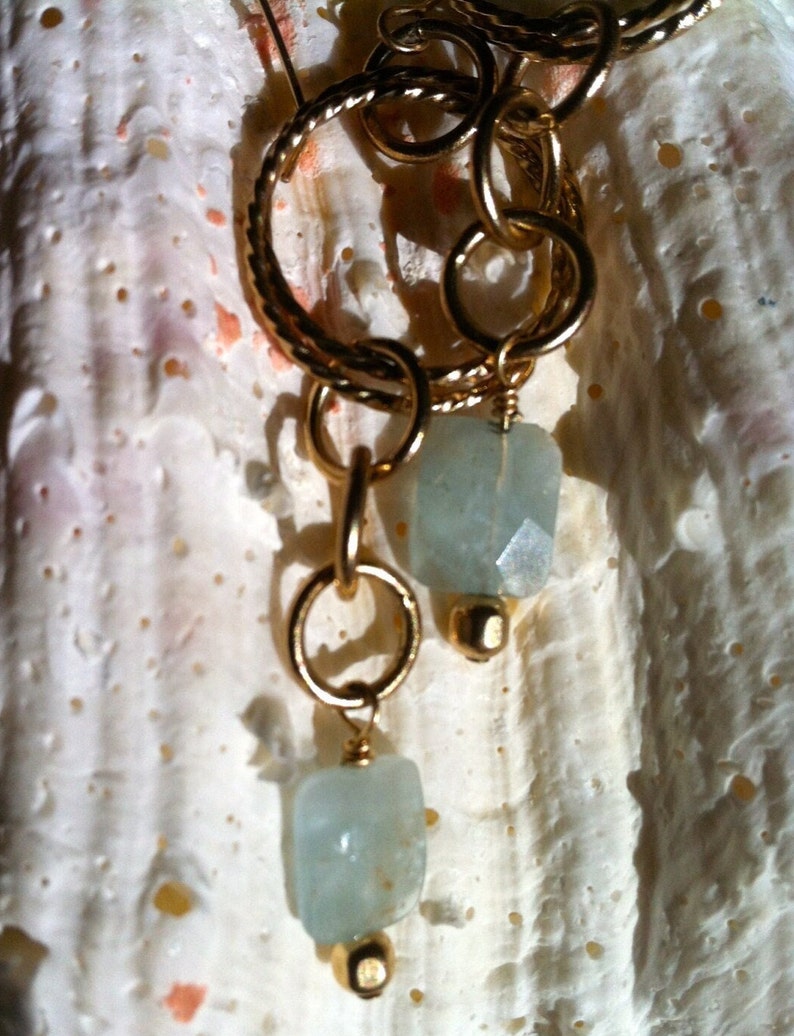 Aquamarine Gemstone Earrings, Pale Aqua Stones and Chain Drop, 24 KT Gold Overlay Long Dangle Beachy Coastal Vibe Jewelry with Elegance Gift image 2