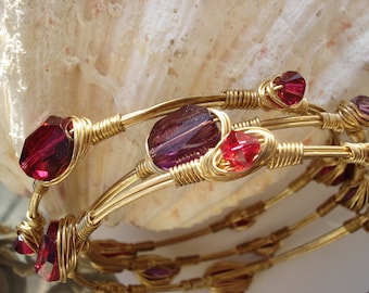 Gold Crystal Bangles, with Red Ruby and Purple Amethyst Premium Austrian Crystals, Wirewrapped Bangle Trio, Gift for Me, Valentines Day Gift