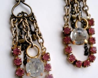 Pink and Bronze Chandelier Earrings Vintage Clear Crystal Drop Earrings Fuchsia Pink Rhinestones Retro Vibe Purple Pink Gold Gifts for Her