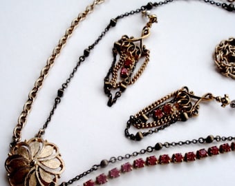 Bronze Chandelier Earrings, Bronze Chain with Fuchsia Rhinestones, Repurposed Vintage Jewelry, Dangle Earrings for Pierced Ears, Art Deco