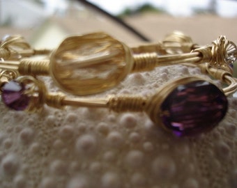 Gold Crystal Bangles with European Crystals in Gold and Amethyst, Bracelet Jewelry Set, Gift for Her, Back to Office Pick Me Up Gift