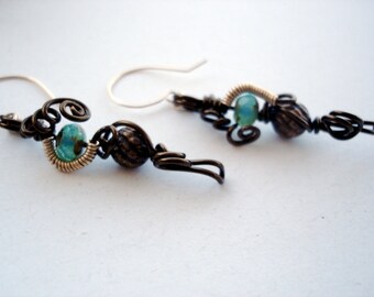 Swirl Drop Earrings, Free Style Wire Wrapped, Bronze and Gold Metal, w Teal Blue Czech Glass Beads