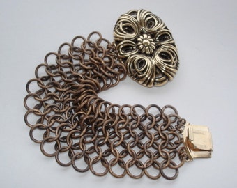 Chunky Metal Cuff, Chainmaille Bracelet in Bronze Metal Oxidized w/ Antiqued Gold Flower Euro Clasp, Gifts For Flower Lovers, Gifts For Her