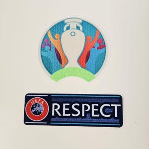May include: Two embroidered patches. The top patch is a circular design with a white trophy, colorful figures, and the text "UEFA EURO 2020". The bottom patch is rectangular with the word "RESPECT" and the UEFA logo.