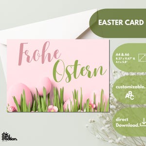 Biglietto di Pasqua da stampare A6 rosa, cartolina di Pasqua, biglietto stampabile come file digitale, modello Canva