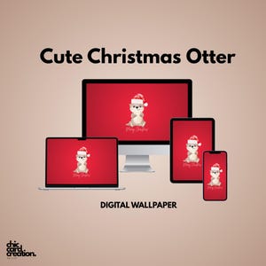 Könnte beinhalten: Digitaler Hintergrund mit einem niedlichen Cartoon-Otter mit Weihnachtsmütze, angezeigt auf einem Computermonitor, Laptop, Tablet und Smartphone. Der Hintergrund ist rot mit dem Text "Merry Christmas!" und "Cute Christmas Otter".