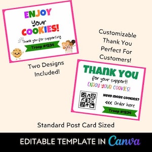 Girl Scout Cookie Dankeskartenvorlage | Bearbeitbare Canva Vorlage | Druckbare Kundenwertschätzungs-Postkarten | Troop Fundraiser Marketing