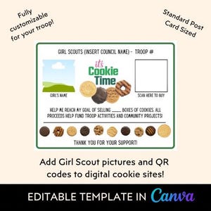 Anpassbare Pfadfinderin Cookie Postkarte in Postkartengröße „Visitenkarte“ mit QR-Code und Bild | Bearbeitbar & Sofortiger Download I Canva