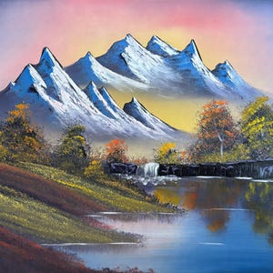 Amazing Autumn Mountain Waterfall Sunset (original oil painting)