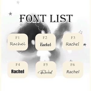 Pode incluir: Gr&aacute;fico de lista de fontes com o texto "FONT LIST" no topo. Seis ret&acirc;ngulos arredondados bege exibem o nome "Rachel" em diferentes estilos de fonte, rotulados de F1 a F6. O fundo &eacute; um design desfocado em preto e branco com formas de estrela.