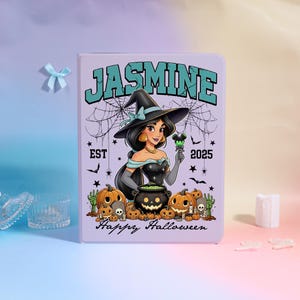 May include: A lavender-colored case featuring a Halloween-themed illustration. The design includes a witch-like Jasmine character, pumpkins, bats, and spiderwebs. The text "JASMINE", "EST 2025", and "Happy Halloween" are also visible.