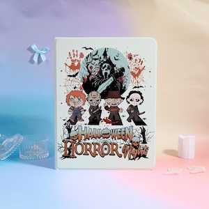 May include: White tablet case with a Halloween design featuring cartoon horror movie characters. The design includes a black and white illustration of a ghost face, Freddy Krueger, Jason Voorhees, Chucky, and Michael Myers. The words "Halloween Horror Night" are displayed.