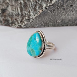 Kingman Turquoise Sterling Silver Ring, Handmade Pear Boho Statement Jewelry