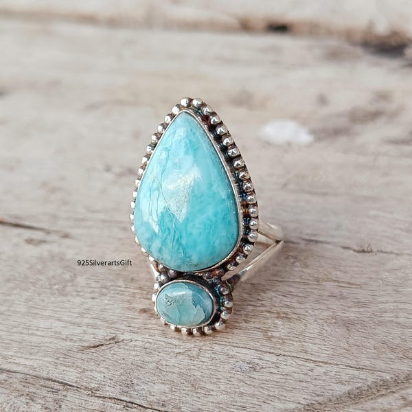 Natural Larimar Ring: Handmade 925 Sterling Silver Boho Statement Jewelry