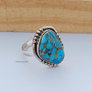 Blue Copper Turquoise Solid 925 Sterling Silver Ring For Women, Designer Handmade Women Squire Stone Ring For Wedding Anniversary Gift Idea