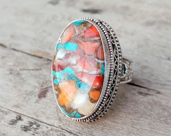 Spiny Oyster Ring, Oyster Copper Turquoise Ring, 925 Sterling Silver, Gemstone Ring, Silver Ring For Women, Holiday Jewelry Handmade Jewelry