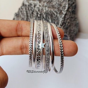 Oxidized Sterling Silver Bangle, Floral Design, Handmade Indian Jewelry