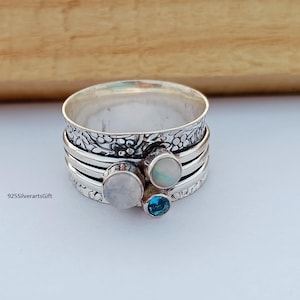 Handmade Sterling Silver Spinner Ring: Moonstone, Opal & Blue Topaz
