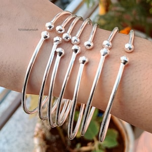 Sterling Silver Ball Bangles - Set of 7 Adjustable Boho Stacking Bracelets