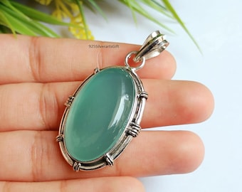 Handmade Aqua Chalcedony Oval Pendant, 925 Sterling Silver Boho Necklace