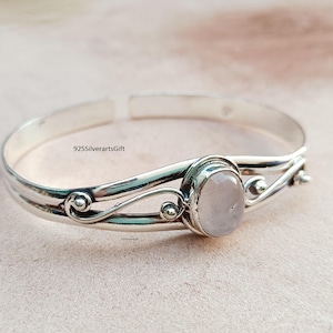 Handmade Rose Quartz 925 Sterling Silver Bangle: Boho Gemstone Bracelet
