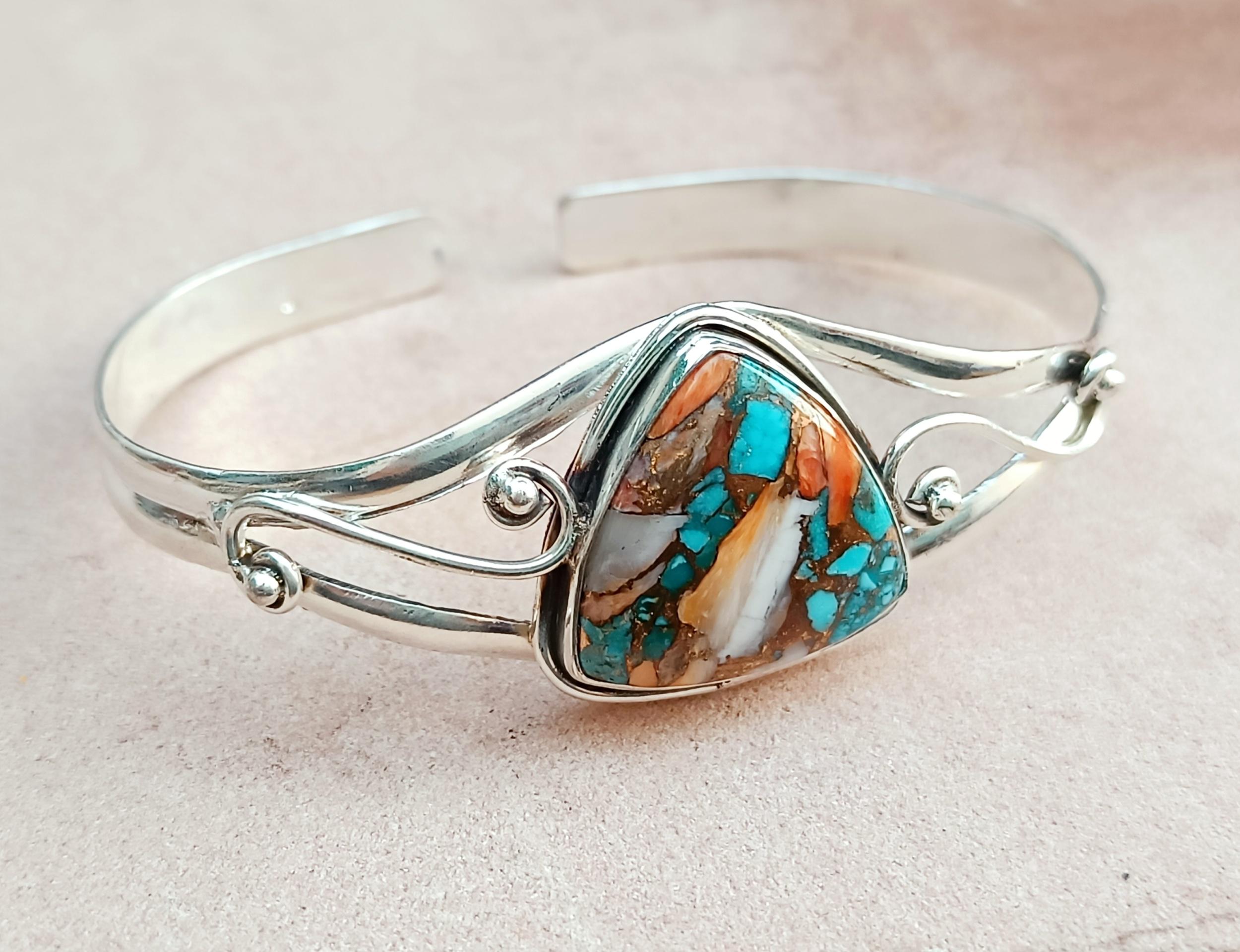 Oyster Turquoise 925 Silver Bangle: Designer Gemstone