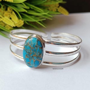 Handmade Blue Copper Turquoise Bangle: 925 Sterling Silver Adjustable Cuff