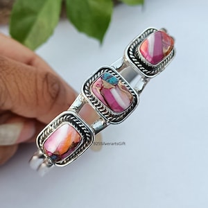 Pink Oyster Turquoise Triple Stone Bangle, Sterling Silver Boho Cuff Bracelet