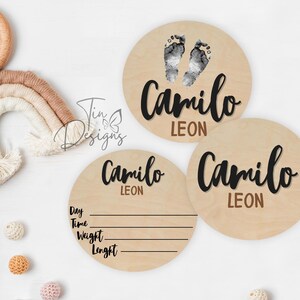 Letrero de huella, letrero de recién nacido, letrero de anuncio de nacimiento de madera, letrero de bebé, conjunto de hitos, regalo de estadísticas de nacimiento, letreros de madera, nombres de madera