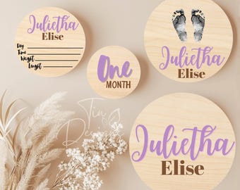Faire-part en bois pour nouveau-né : statistiques de naissance, empreinte de pas, ensemble d'étapes importantes