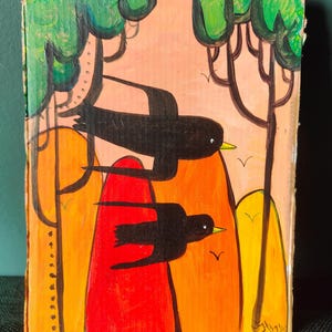 Pintura original en acrílico estilo art déco sobre caja de vino orgánica reciclada de 17 cm x 21 cm, sin marco, pájaros y árboles. Reverso abstracto. ¡2 en 1!