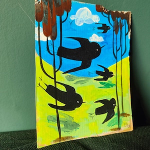 Pintura original en acrílico estilo art déco sobre caja de vino orgánica reciclada 17 cm x 21 cm sin marco 5 pájaros y árboles. Reverso abstracto. ¡2 en uno!