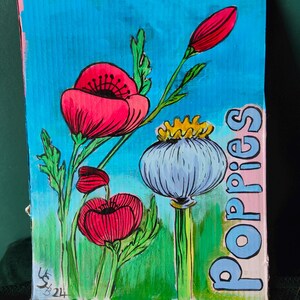 Amapolas Pintura Pintura acrílica original sobre caja de vino orgánica reciclada 17 cm x 21 cm sin marco. Flores