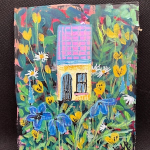 Arte original de jardín de flores, acrílico sobre caja de vino de cartón reciclado.