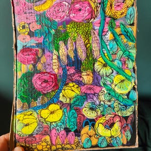 Arte original de jardim de flores, acrílico sobre caixa de vinho de papelão reciclado