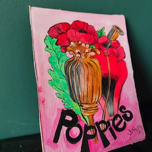 Amapolas Pintura Pintura acrílica original sobre caja de vino orgánica reciclada 17 cm x 21 cm sin marco. Flores