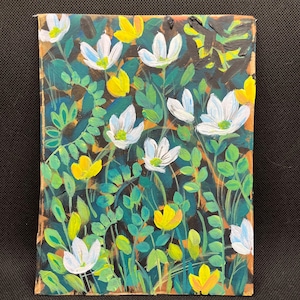 Arte original de jardín de flores, acrílico sobre caja de vino de cartón reciclado.