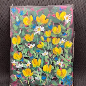 Arte original de jardín de flores, acrílico sobre caja de vino de cartón reciclado.