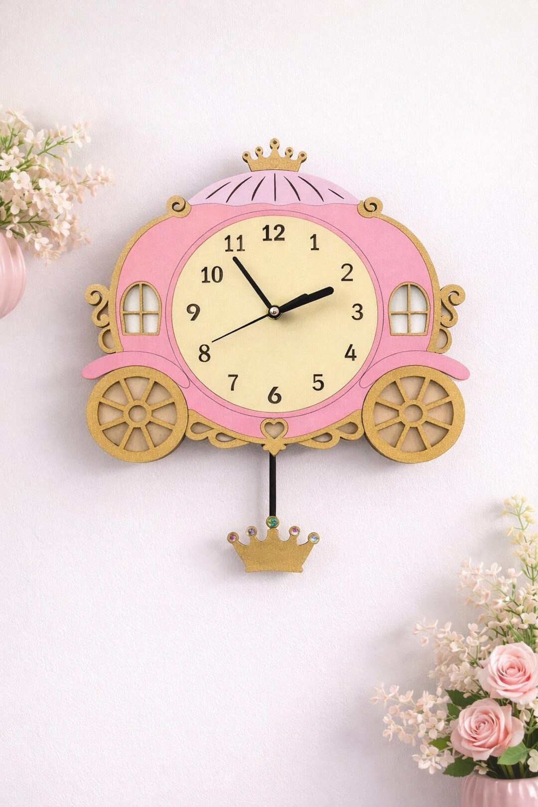 Personalised Girls Wall Clock, Princess Carriage Wooden Clock, Nursery ...