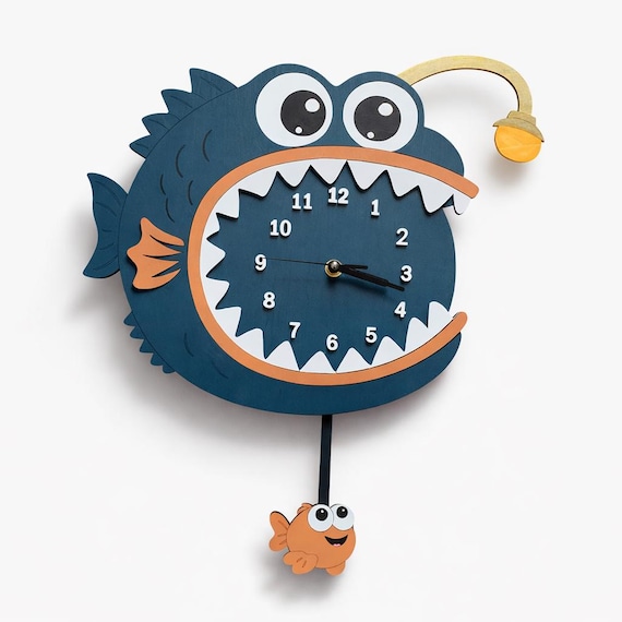 Ocean Themed Kids Room Wall Art - Deep Sea Anglerfish Pendulum Clock - Modern Nursery Wall Decor - Kinetic Fish Clock for Playroom Decor