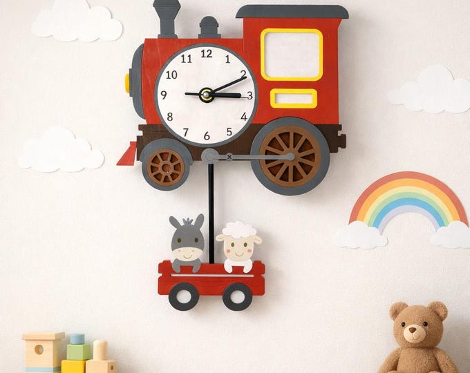 Custom Kids Train Wall Clock - Personalized Animal pendulum Clock, Quiet Vehicle Clock,  Nursery Decor, Birthday Gift for Boys & Girls