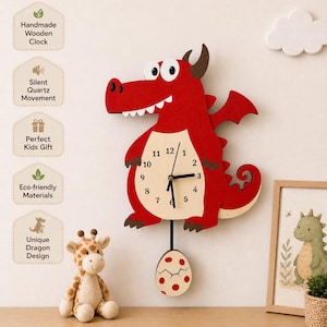May include: A red wooden dragon-shaped clock with a cream-colored clock face and black hands. The clock has a pendulum shaped like an egg. The image also shows a stuffed giraffe and a framed picture of a dragon.