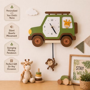Dschungel Safari Jeep Wanduhr mit Affe Pendel | Benutzerdefinierte Kinderzimmer Dekor | Giraffen-Abenteuer-Holzuhr | Kinderzimmer Dschungel Thema Geschenk