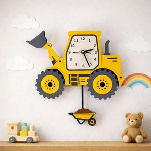 Custom Kids Wooden Digger Wall Clock - Personalized Excavator Pendulum Clock, Quiet  Clock,  Nursery Decor, Birthday Gift for Boys & Girls