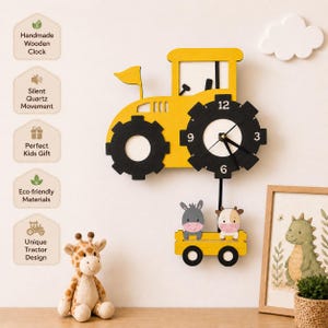 May include: A yellow wooden tractor wall clock with black wheels and a clock face. The clock has a pendulum with two animal figures. The image also includes a giraffe toy and a framed picture.